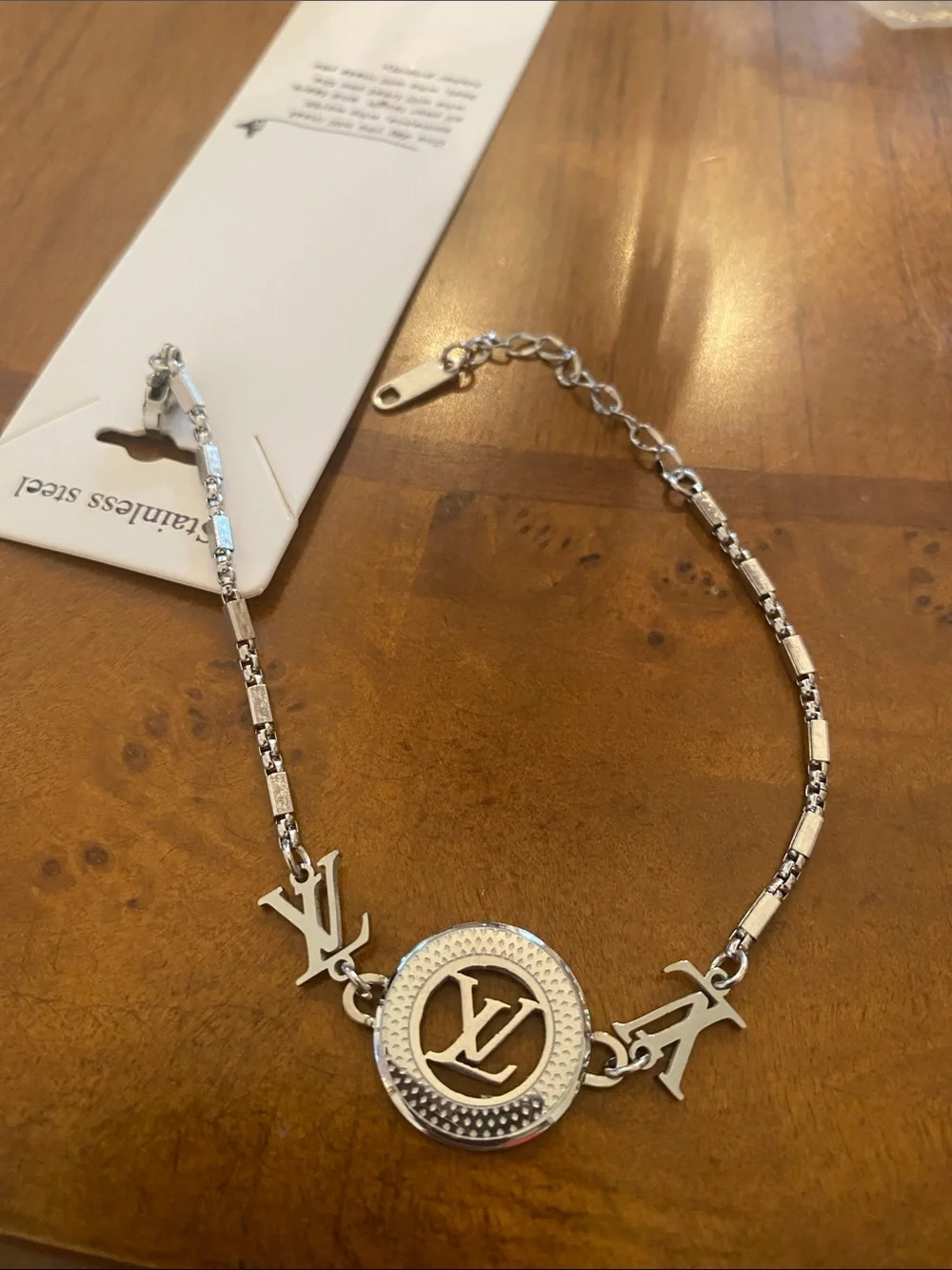 Fashion Jewelry Silver-Tone LV Logo Disc Bracelet